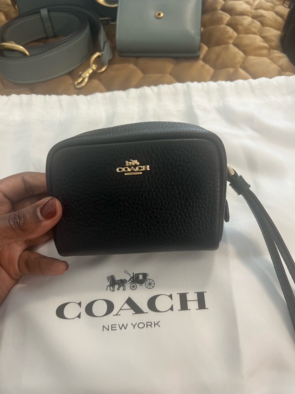 Coach Black Pebbled Leather Mini Wristlet with Gold Logo